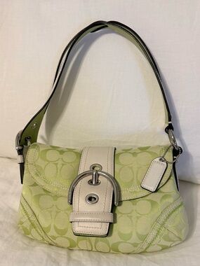 Coach Light Green Signature Canvas Shoulder Bag with Cream Trim